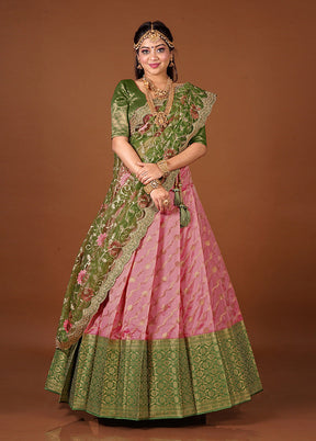 3 Pc Green Silk Semi Stitched Lehenga Set