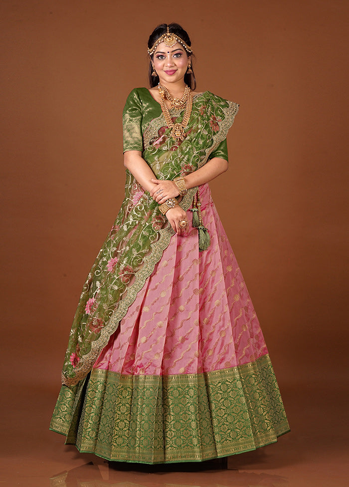 3 Pc Green Silk Semi Stitched Lehenga Set