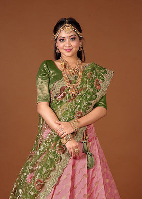 3 Pc Green Silk Semi Stitched Lehenga Set