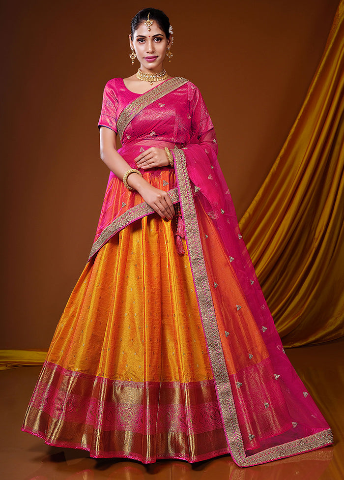 3 Pc Golden Silk Semi Stitched Lehenga Set