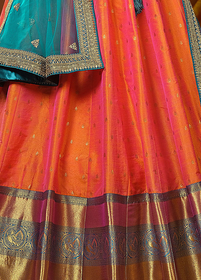 3 Pc Orange Silk Semi Stitched Lehenga Set