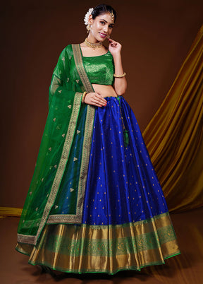 3 Pc Royal Blue Silk Semi Stitched Lehenga Set