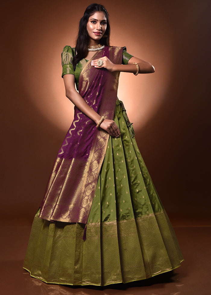 3 Pc Green Silk Semi Stitched Lehenga Set