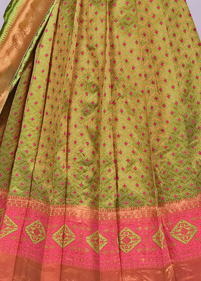 3 Pc Parrot Green Silk Semi Stitched Lehenga Set