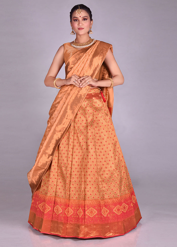 3 Pc Peach Silk Semi Stitched Lehenga Set