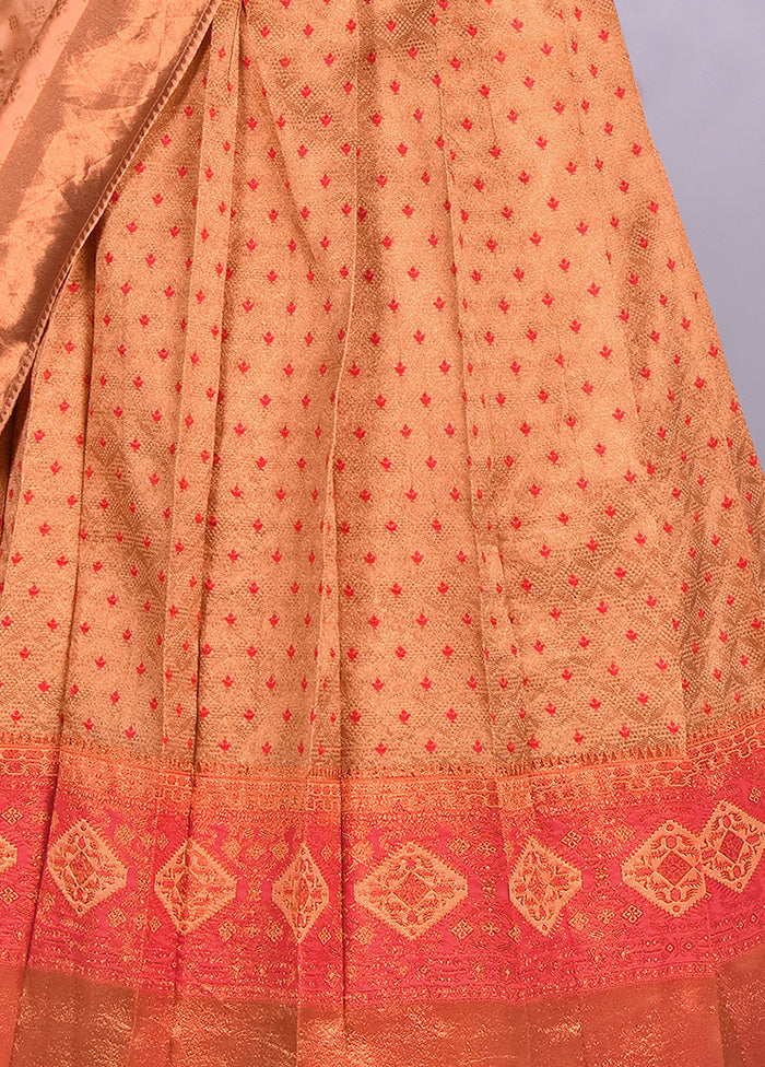 3 Pc Peach Silk Semi Stitched Lehenga Set