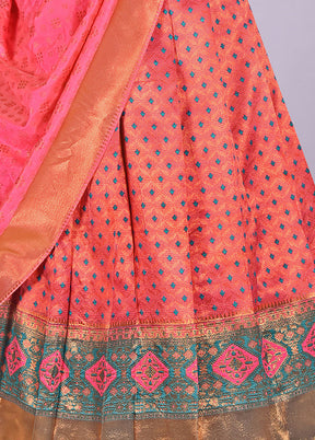 3 Pc Pink Silk Semi Stitched Lehenga Set