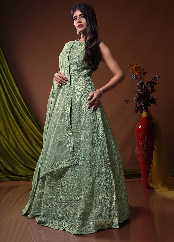 2 Pc Green Readymade Net Gown