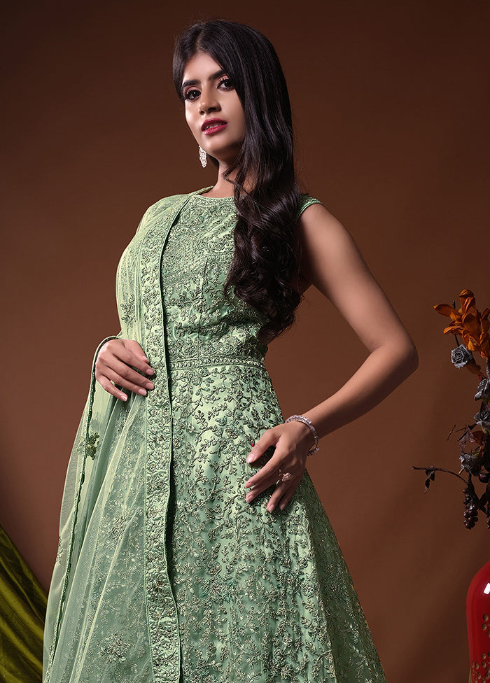 2 Pc Green Readymade Net Gown