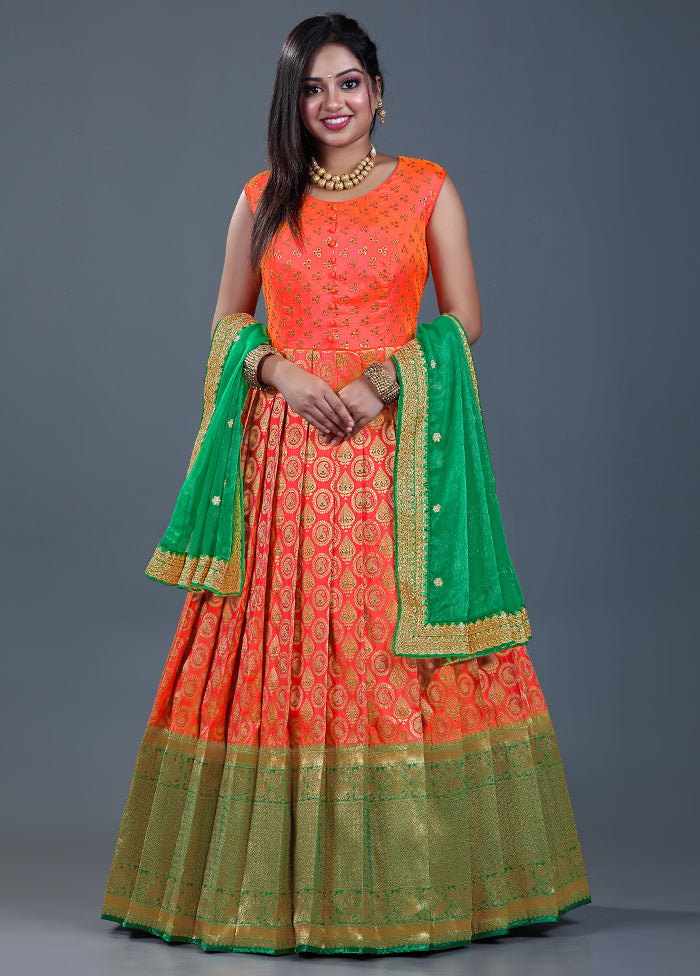 2 pc Orange Readymade Silk Gown Set