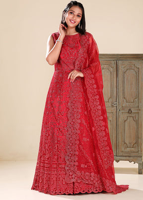 2 Pc Maroon Readymade Net Gown