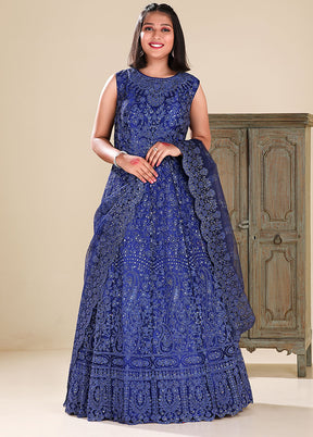 2 Pc Navy Blue Readymade Net Gown