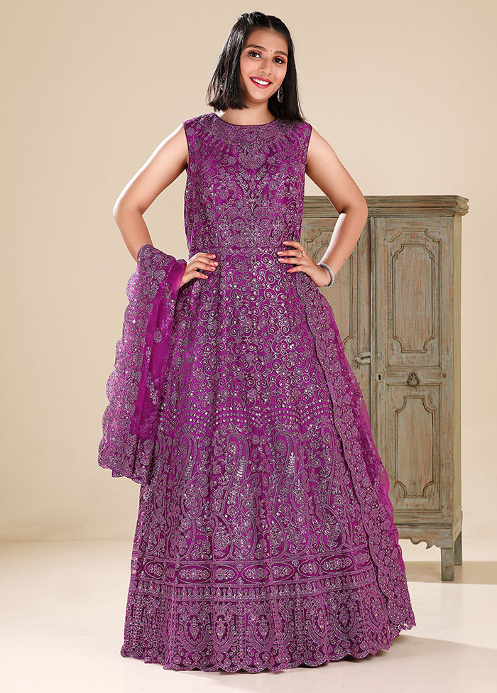 2 Pc Wine Readymade Net Gown