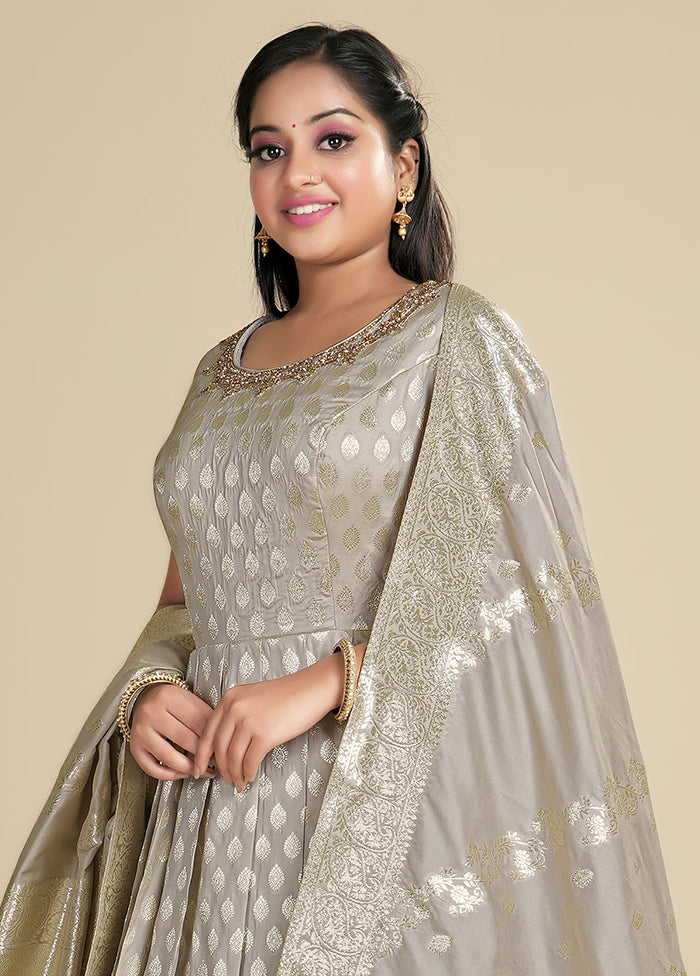 2 pc Grey Readymade Silk Gown Set