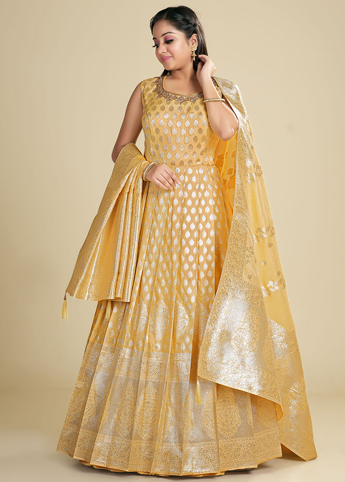 2 pc Light Yellow Readymade Silk Gown Set