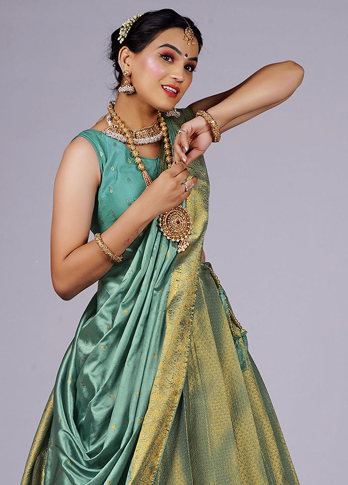 3 Pc Green Silk Semi Stitched Lehenga Set