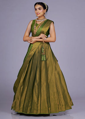 3 Pc Green Silk Semi Stitched Lehenga Set