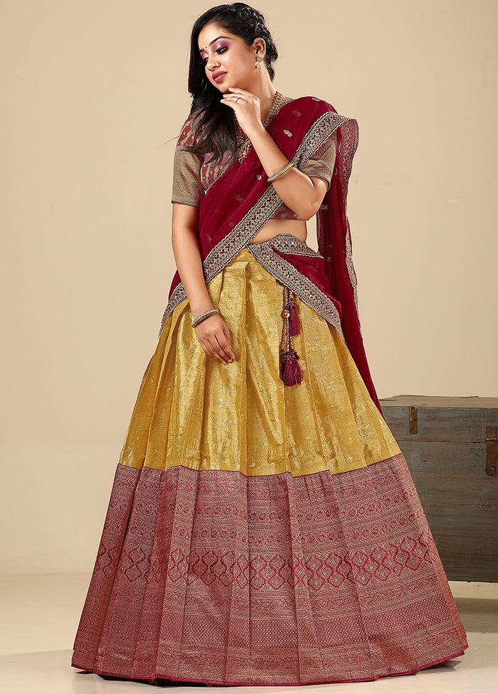 3 Pc Golden Silk Semi Stitched Lehenga Set