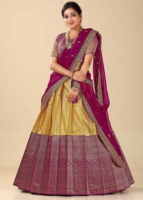 3 Pc Golden Silk Semi Stitched Lehenga Set