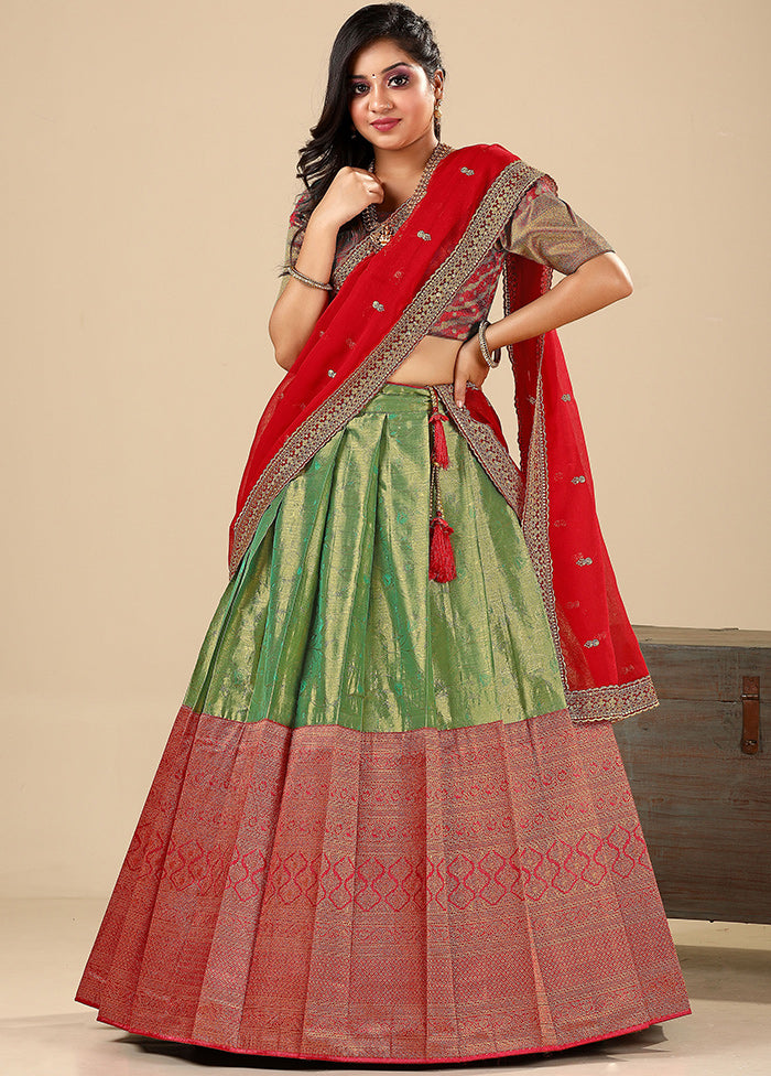 3 Pc Green Silk Semi Stitched Lehenga Set