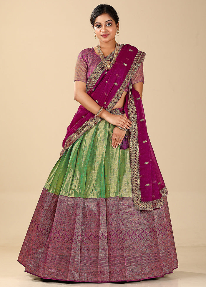 3 Pc Green Silk Semi Stitched Lehenga Set