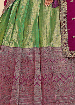 3 Pc Green Silk Semi Stitched Lehenga Set