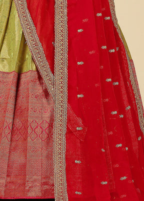 3 Pc Red Silk Semi Stitched Lehenga Set