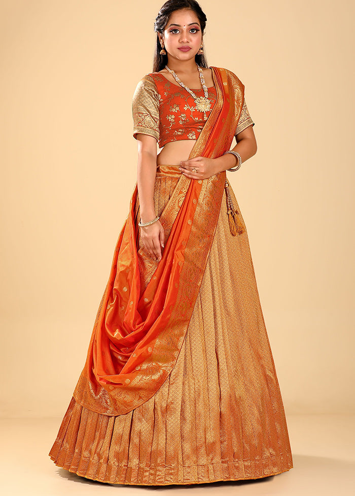 3 Pc Orange Silk Semi Stitched Lehenga Set