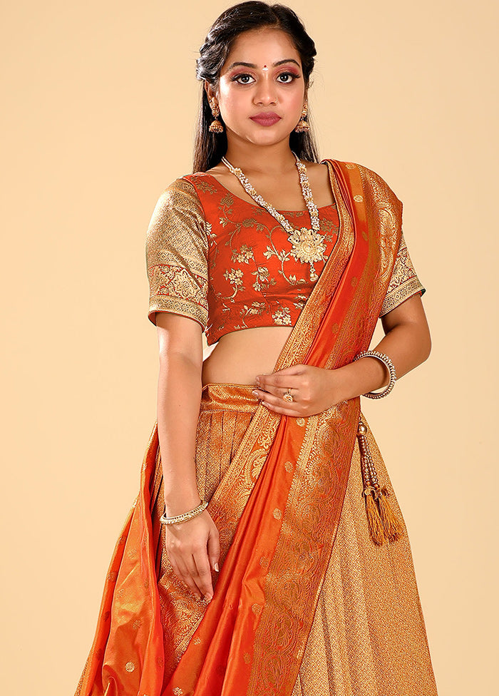 3 Pc Orange Silk Semi Stitched Lehenga Set