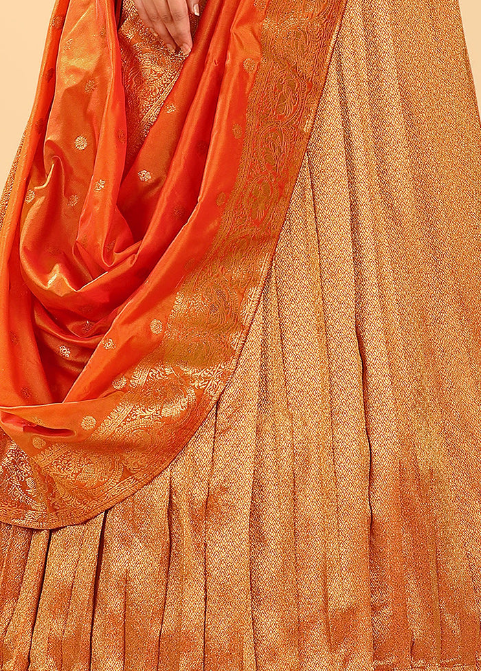 3 Pc Orange Silk Semi Stitched Lehenga Set