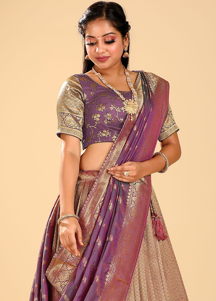 3 Pc Purple Silk Semi Stitched Lehenga Set