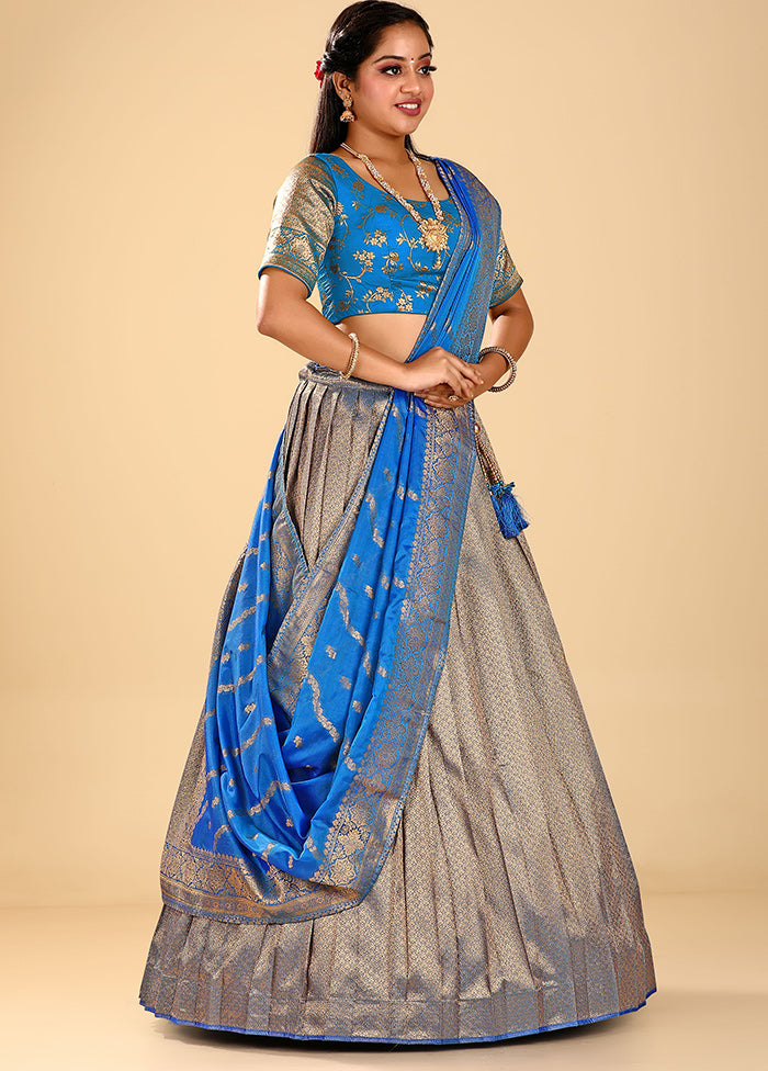 3 Pc Blue Silk Semi Stitched Lehenga Set