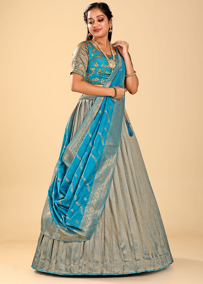 3 Pc Blue Silk Semi Stitched Lehenga Set