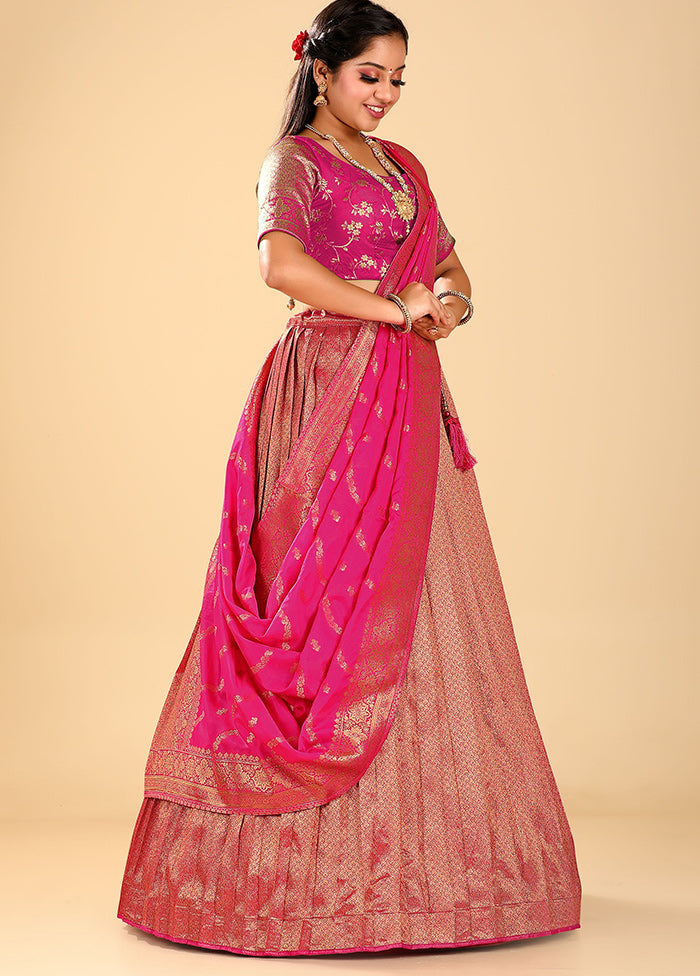 3 Pc Pink Silk Semi Stitched Lehenga Set