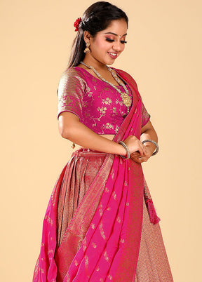 3 Pc Pink Silk Semi Stitched Lehenga Set