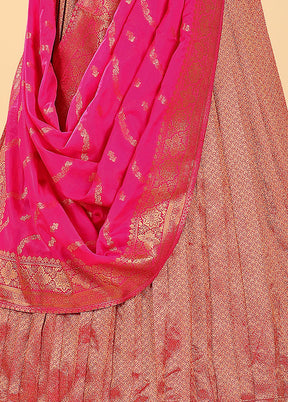 3 Pc Pink Silk Semi Stitched Lehenga Set