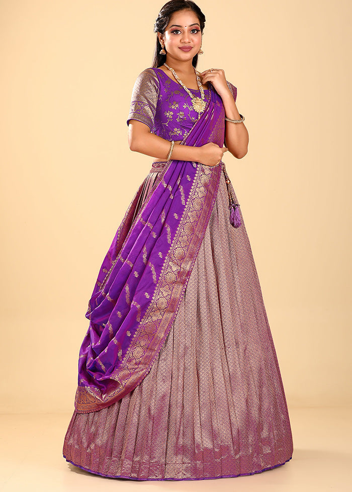 3 Pc Purple Silk Semi Stitched Lehenga Set