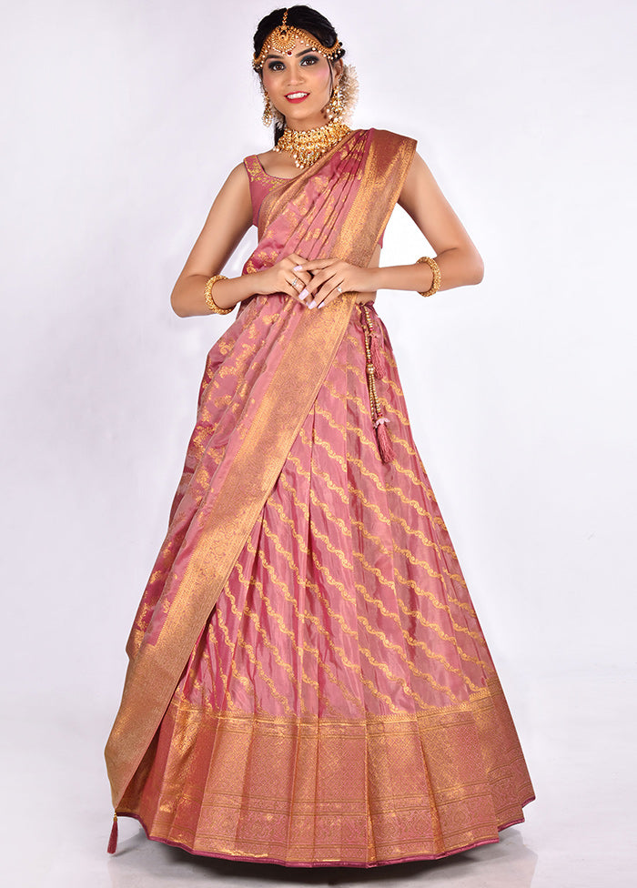 3 Pc Pink Silk Semi Stitched Lehenga Set