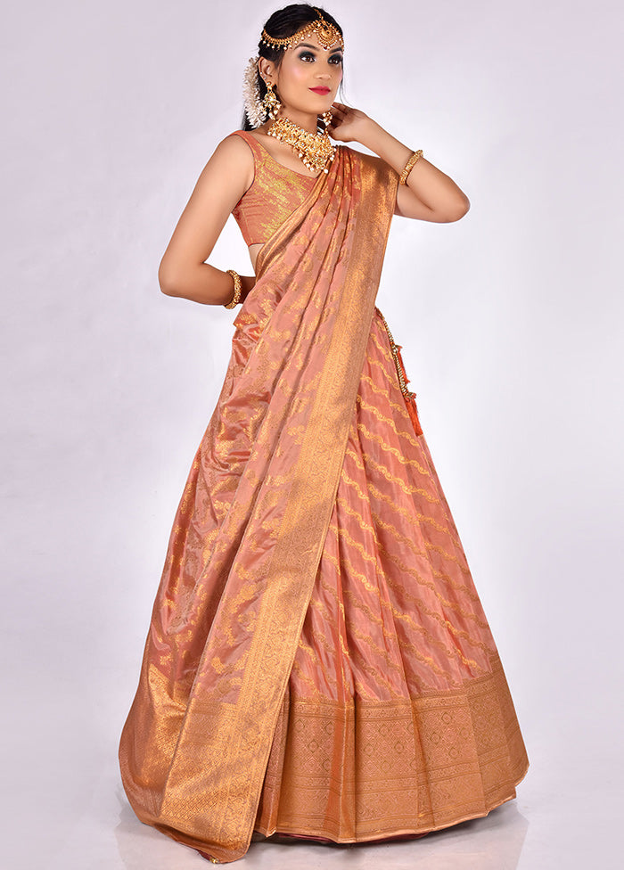 3 Pc Peach Silk Semi Stitched Lehenga Set