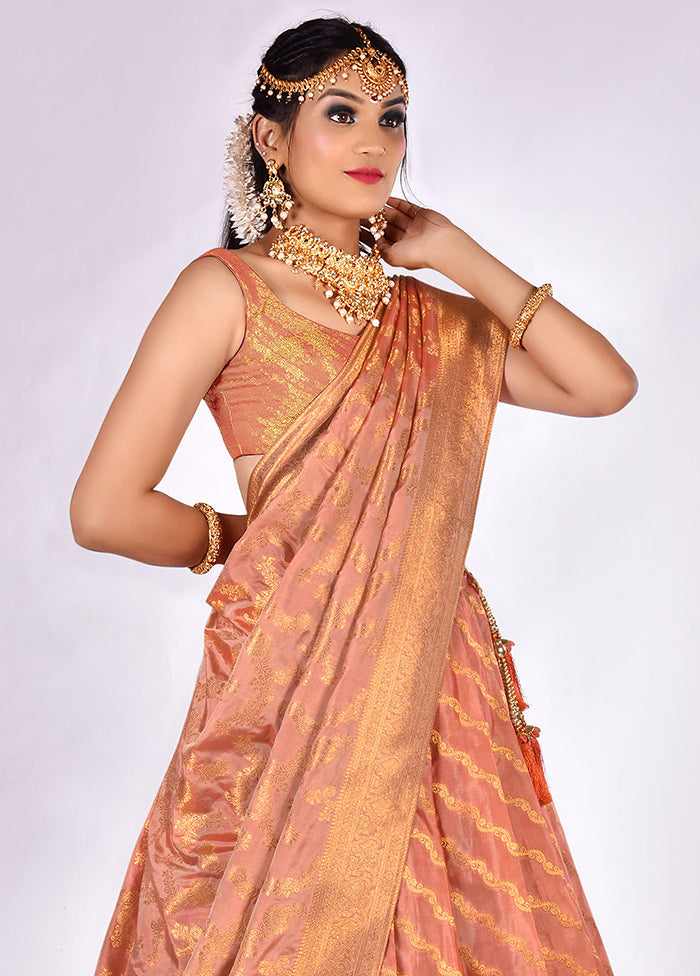 3 Pc Peach Silk Semi Stitched Lehenga Set