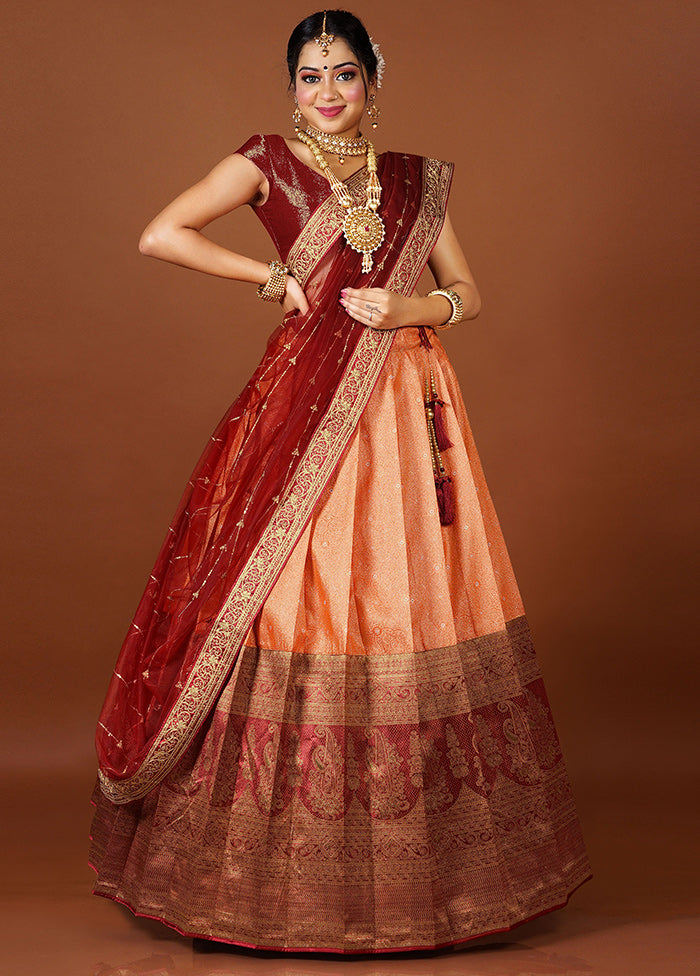 3 Pc Orange Silk Semi Stitched Lehenga Set