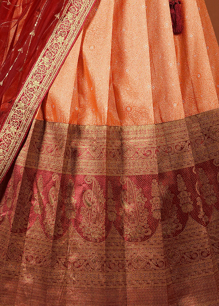 3 Pc Orange Silk Semi Stitched Lehenga Set