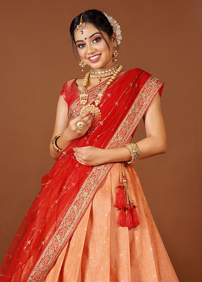 3 Pc Orange Silk Semi Stitched Lehenga Set