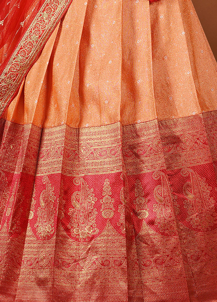 3 Pc Orange Silk Semi Stitched Lehenga Set