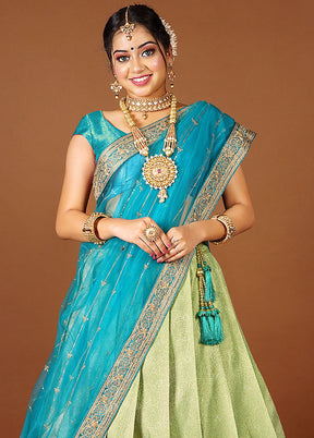 3 Pc Pista Green Silk Semi Stitched Lehenga Set