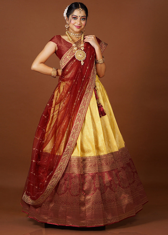 3 Pc Yellow Silk Semi Stitched Lehenga Set