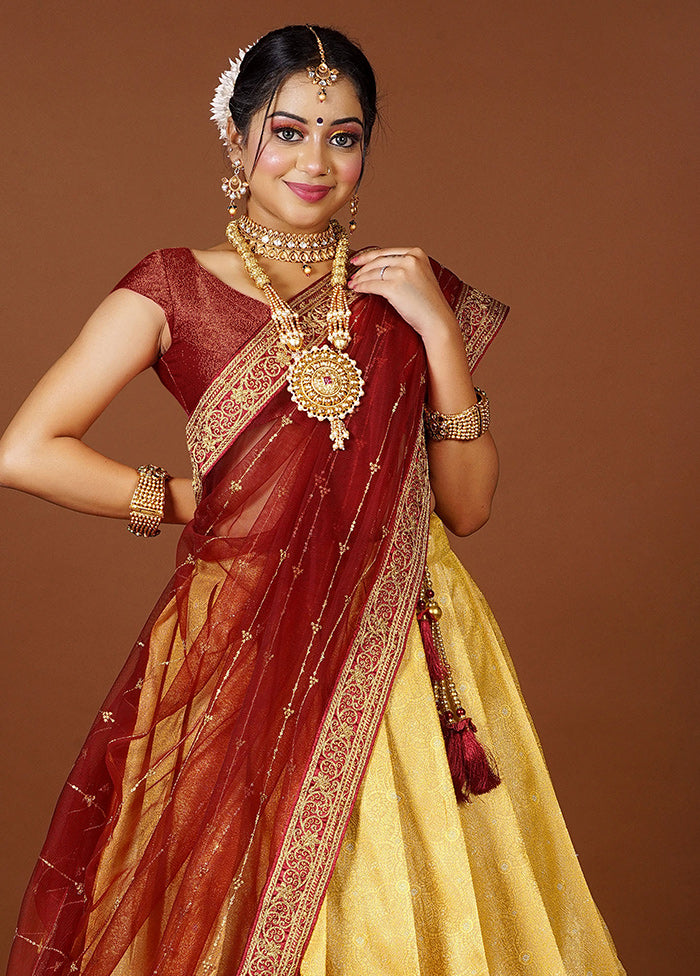 3 Pc Yellow Silk Semi Stitched Lehenga Set