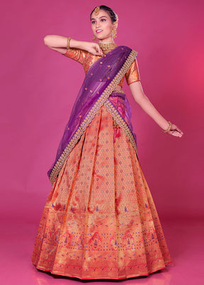 3 Pc Orange Silk Semi Stitched Lehenga Set