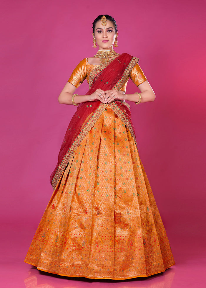 3 Pc Orange Silk Semi Stitched Lehenga Set