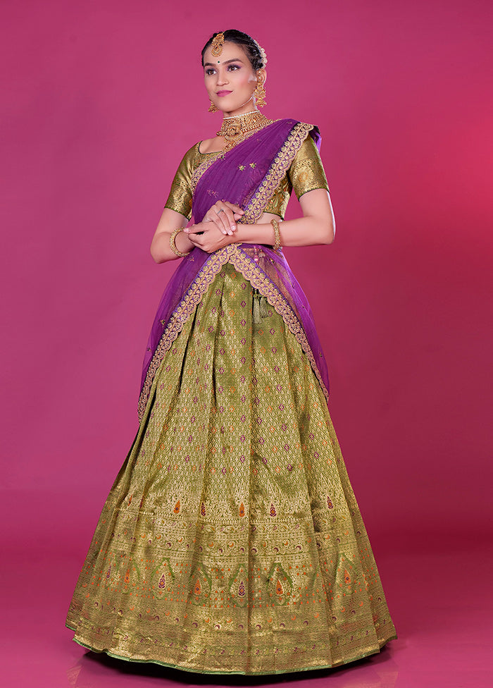 3 Pc Mehendi Silk Semi Stitched Lehenga Set